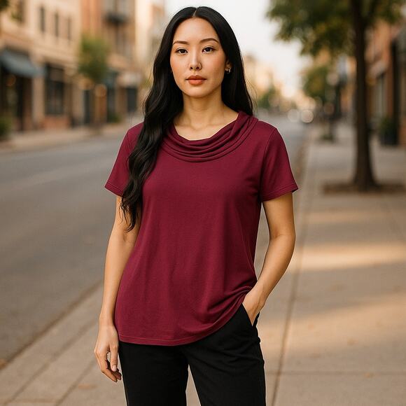 Gap Womens Top Size Small Burgandy Wine Soft Rayon Knit Ruffle Neck - Picture 3 of 7